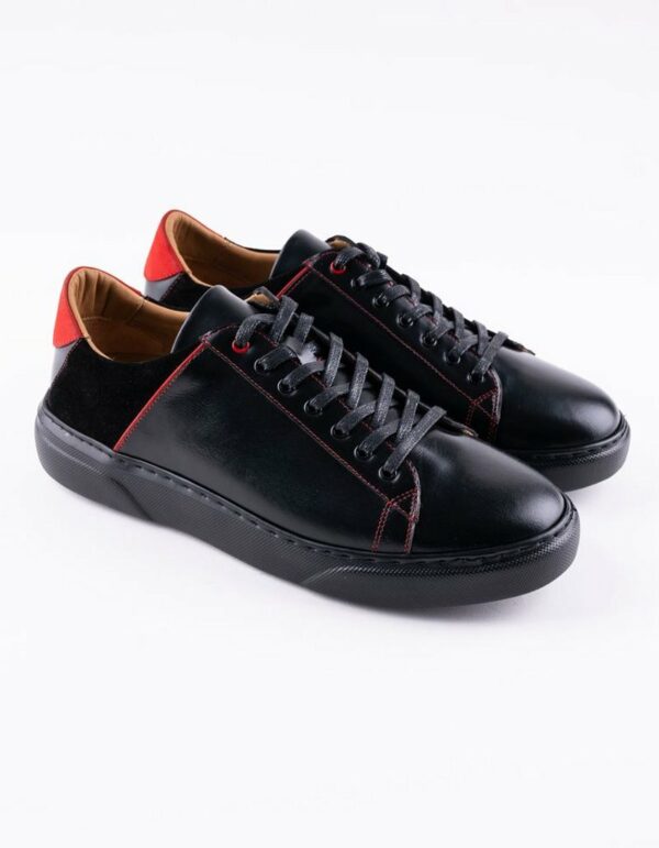 Baskets légères en cuir noir et nubuck noir/rouge, semelles intérieures orthopédique et semelles extérieure EVA. Felipe - E21 Noir-Rouge.