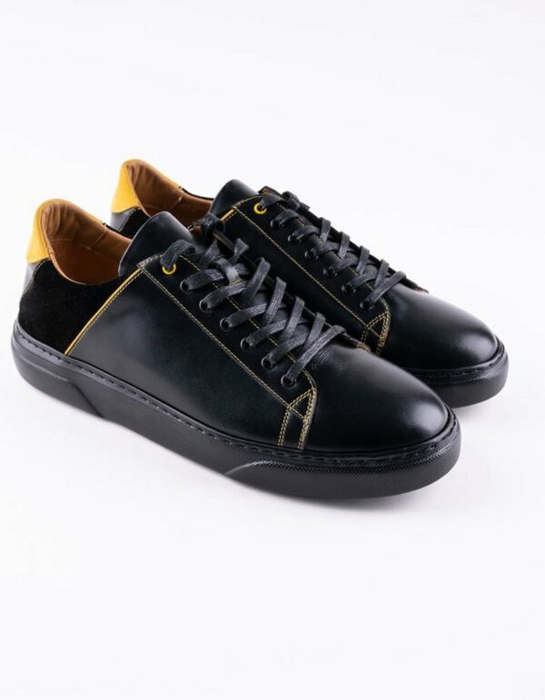 Baskets légères en cuir noir et nubuck noir/jaune, semelles intérieures orthopédique et semelles extérieure EVA. Felipe - E21 Noir-Jaune.